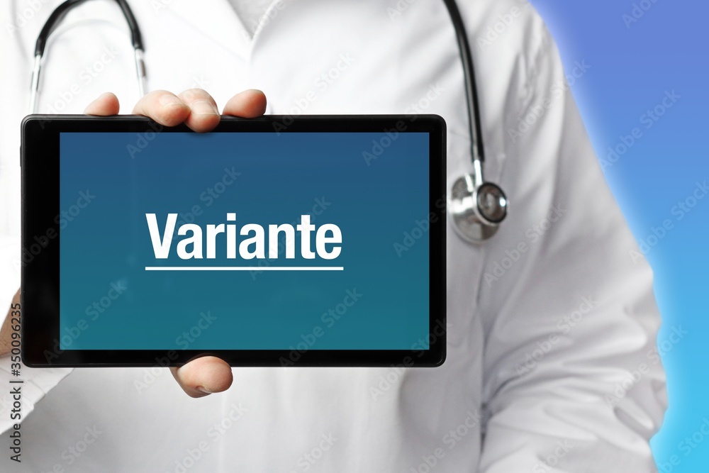 Variante. Arzt mit Stethoskop hält Tablet-Computer in Hand. Text im Display. Blauer Hintergrund. Krankheit, Gesundheit, Medizin Variante. Arzt mit Stethoskop hält Tablet-Computer in Hand. Text im Display. Blauer Hintergrund. Krankheit, Gesundheit, Medizin