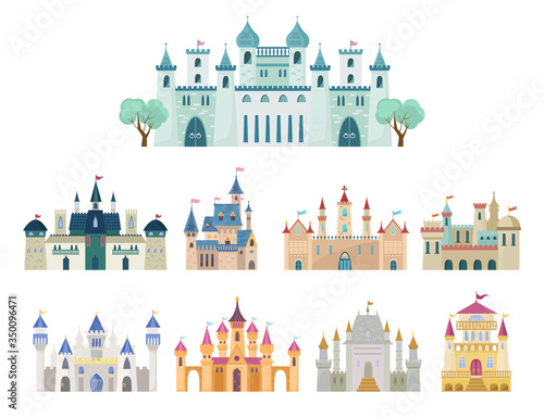 Medieval castle set. Ancient castle, citadel with arches, fortress with minarets, royal palace, gothic and renaissance buildings with gates, historical, fantasy design. Vector graphics in flat style.