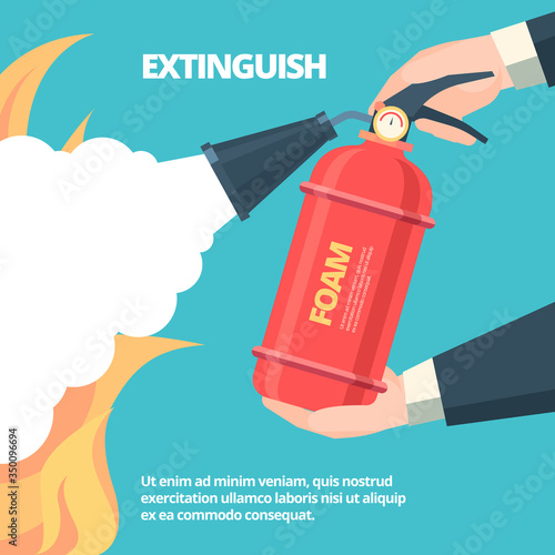 Fire extinguishing illustration. Hands holding autonomous red fire extinguisher foam spills onto fire with bell safety concept, protective warning. Flat vector template.
