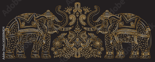 Vector set decorative fantasy ornate Indian elephant line art silhouette with tropical leaves and flowers. Golden contour thin line, ethnic ornaments on a black background. T-shirt print. Batik paint