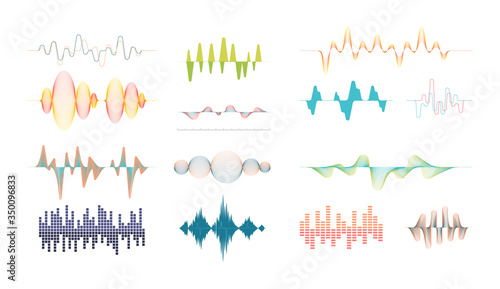 Sound line set. Musical digital track equalizer with volume amplitude, audio voice signal, electronic rhythm song effect, color curve shape, wavy sound wave melody. Vector graphics.