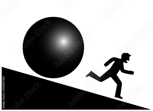 silhouette of a man running from a mountain and a huge ball