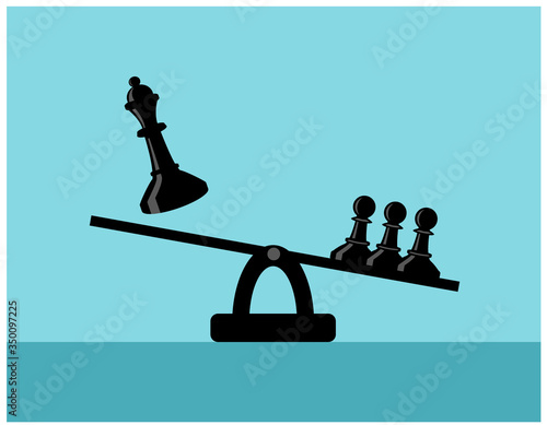 several pawns stand on the scales and the chess queen and pawns weigh more