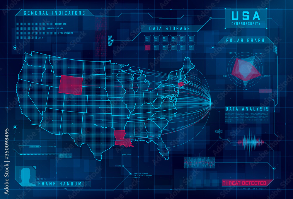 HUD map of the USA. Set of HUD callout design elements. Cyberattack
