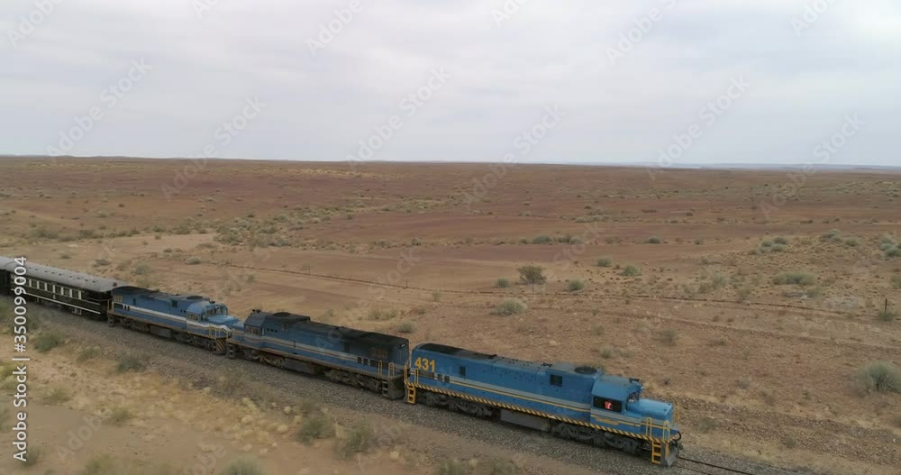 Aerial view of railroad transportation at desert against sky, drone moving over landscape - Swakopmund, Namibia Aerial view of railroad transportation at desert against sky, drone moving over landscape - Swakopmund, Namibia