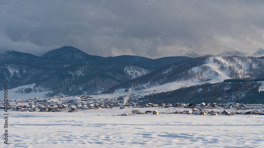 Landscape mountain village covered with snow Landscape mountain village covered with snow
