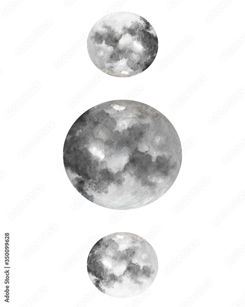 Watercolor illustration of full moon on white background Watercolor illustration of full moon on white background