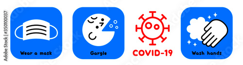 マスク うがい 手洗い 風邪予防 ベクターイラストセット｜Coronavirus prevention vector illustration. Medical mask, Gargle, Hand wash