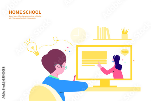 Home school education or online education. A Kid seats at table and learning at home.E-learning.  Flat cartoon vector illustration.