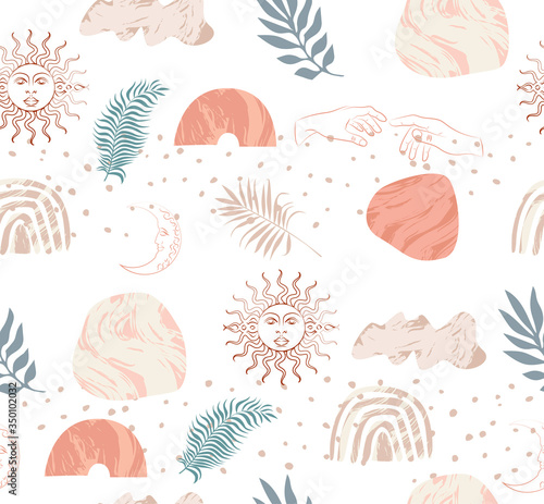 Seamless pattern with antique elements, abstract marble shapes, human hands, sun, moon, leaves. Editable vector illustration.