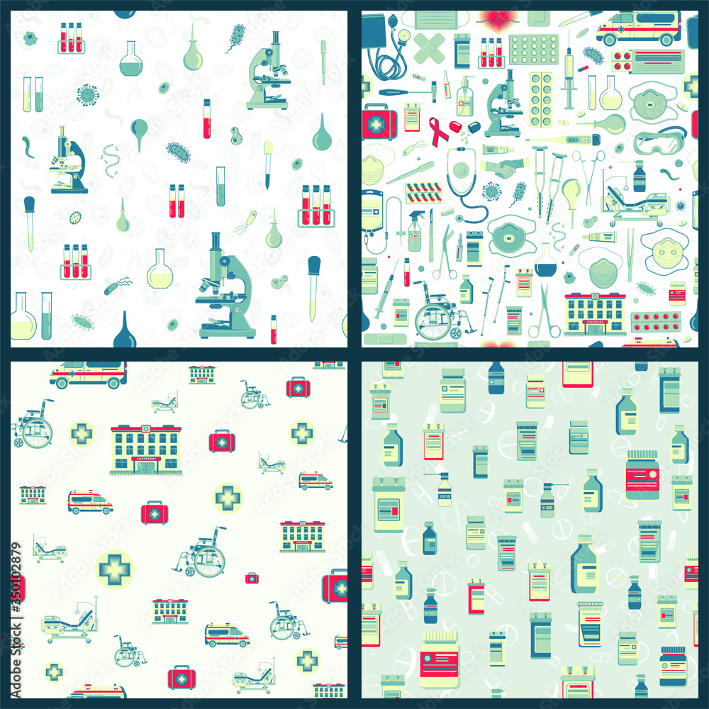 Set of vector seamless pattern with Medical accessories and attributes. Microscope, hospital, wheelchair and more
