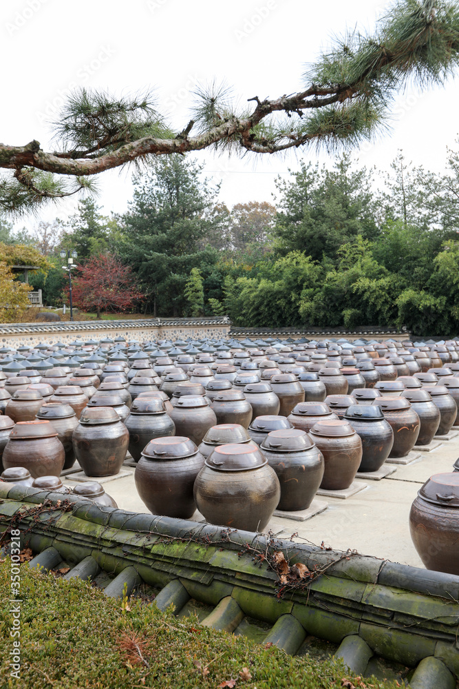 Korean traditional clay pot and stone wall Korean traditional clay pot and stone wall