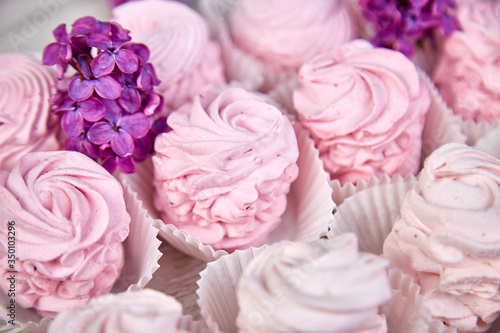 Violet sweet homemade marshmallow from blackcurrant near lilac flowers