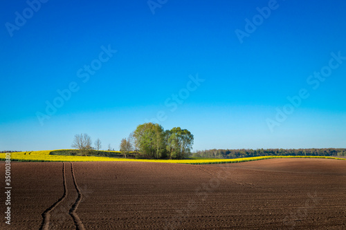 Vehicle tracks through a freshly ploughed field