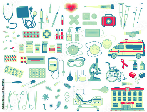 Vector big medical flat icons set. Medical supplies, accessories and attributes. For your web site design, logo, app, UI