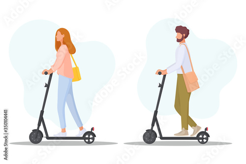 Young people rides on electric scooters. Ecology transport concept. Eco Friendly personal transport. Vector illustration.