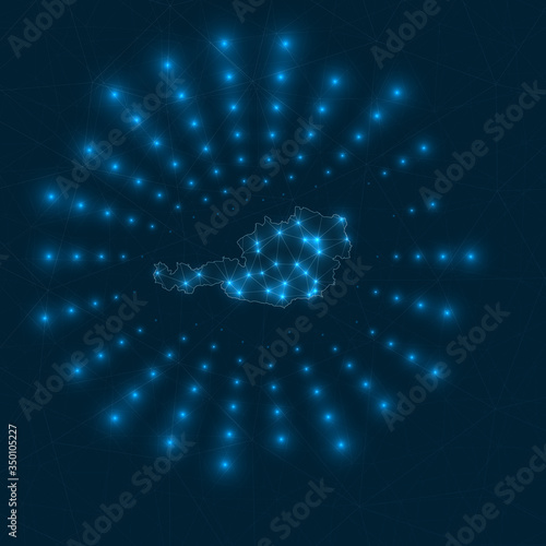Austria digital map. Glowing rays radiating from the country. Network connections and telecommunication design. Vector illustration.