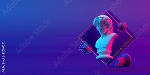 3d-illustration of an abstract cyberpunk composition of Antinous sculpture and primitive objects photo