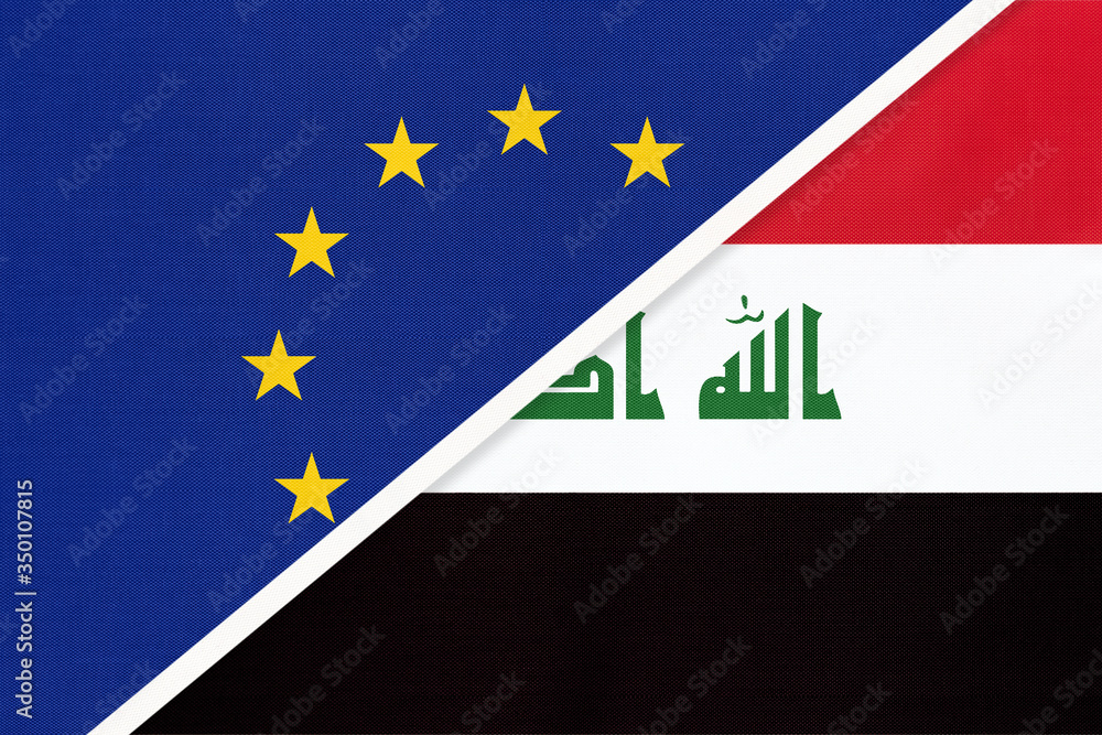 European Union or EU and Iraq national flag from textile. Symbol of the Council of Europe association. European Union or EU and Iraq national flag from textile. Symbol of the Council of Europe association.