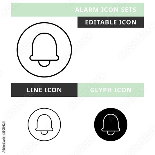 Alarm icons set vector design, modern editable line and glyph icon, black color and isolated