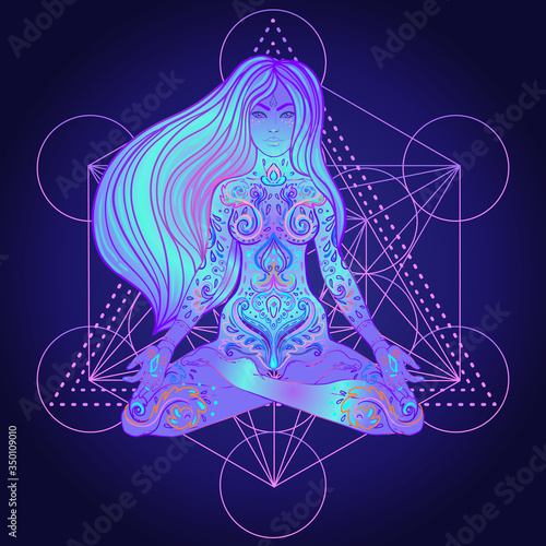 Beautiful Girl sitting in lotus position over ornate colorful neon background. Vector illustration. Psychedelic mushroom composition. Buddhism esoteric motifs. Tattoo, spiritual yoga.