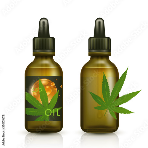 Realistic brown glass bottle with cbd oil.