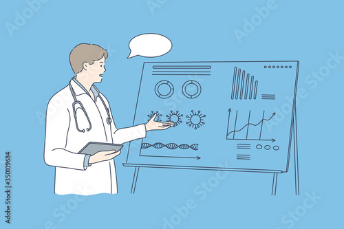Medicine, presentation, training concept. Young happy man boy doctor cartoon character showing report for clleagues at meeting. Leading medical lecture or seminar training and healthcare illustration.