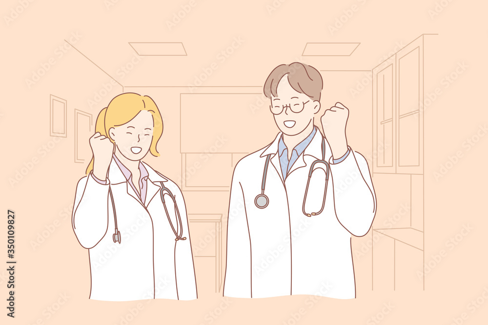 Success, goal achievement, winning, medicine concept. Team couple of young smiling man and woman boy girl doctors cartoon characters happy about victory. Reaching purposes and healthcare illustration. Success, goal achievement, winning, medicine concept. Team couple of young smiling man and woman boy girl doctors cartoon characters happy about victory. Reaching purposes and healthcare illustration.