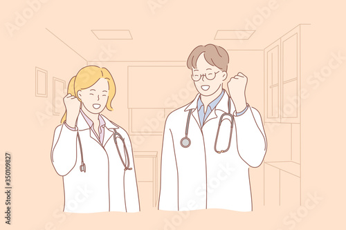 Success, goal achievement, winning, medicine concept. Team couple of young smiling man and woman boy girl doctors cartoon characters happy about victory. Reaching purposes and healthcare illustration.