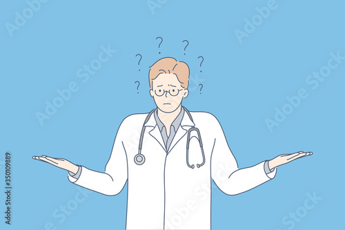 Question, problem, medicine, ignorance concept. Young ignorant pensive thoughtful man doctor intern cartoon character thinking about problem. Searching for idea and trouble solution or brainstorming.