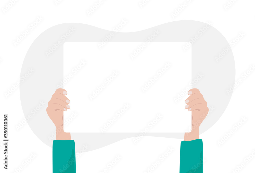 Hands holding empty white placard or poster. Hand holding a blank sheet of paper. Vector illustration Hands holding empty white placard or poster. Hand holding a blank sheet of paper. Vector illustration