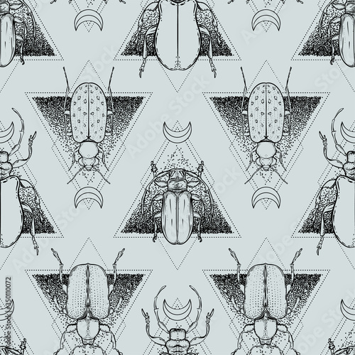 Black and white beetle over sacred geometry, isolated vector illustration. Se...