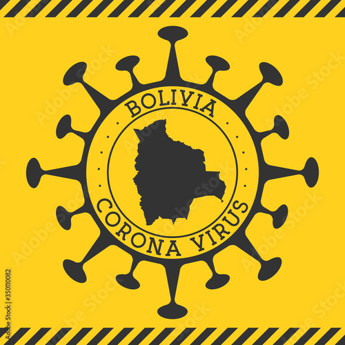 Round badge with shape of virus and Bolivia map. Yellow country epidemy lock down stamp. Vector illustration.