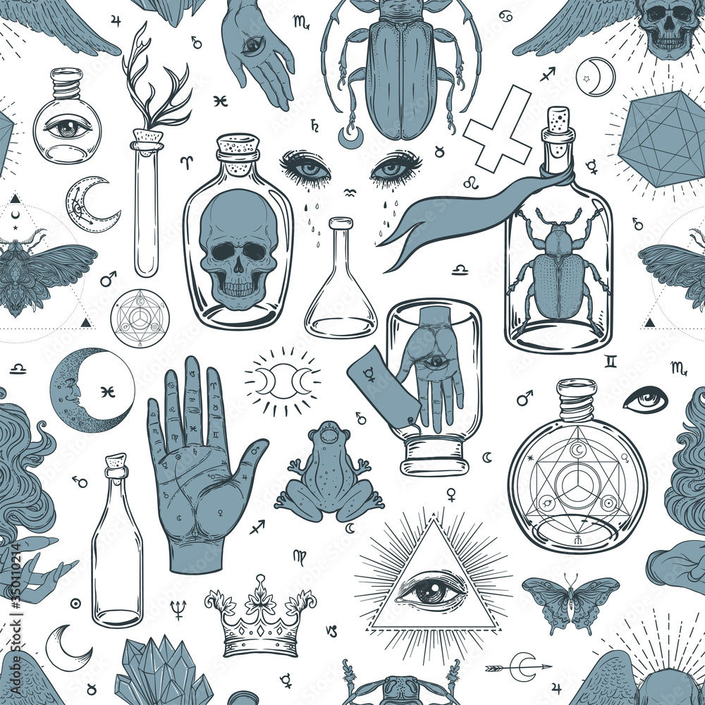 Obraz premium Mystic, magic, background. Religion and the occultism with esoteric and masonic symbols. Medieval manuscript inspired. Vector seamless pattern in retro style. Repeating Trendy stylish texture.