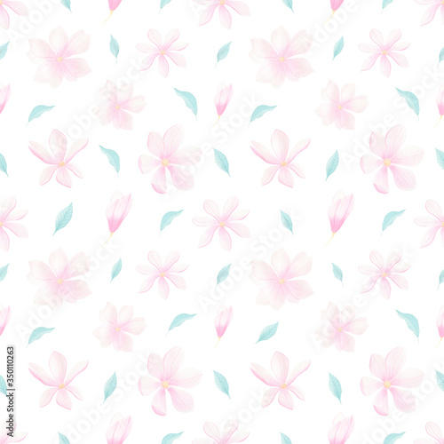 Floral watercolor seamless pattern. Pink magnolia and leaves hand-painted pattern on white background. Perfect for textile, fabric, covers. Spring, summer season. Wedding invitation background. 