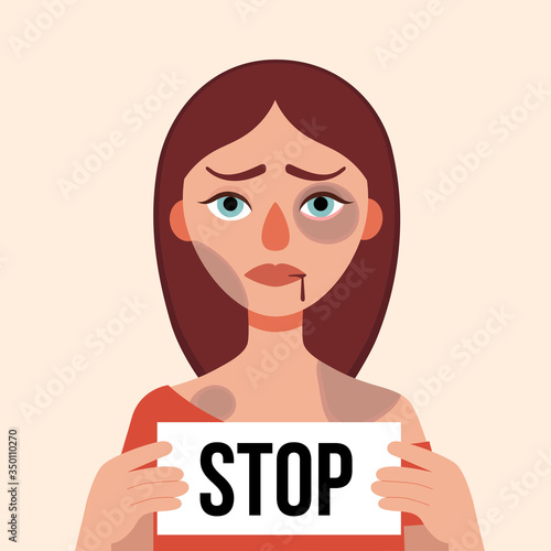 Sad young woman with bruises and wounds on a white background.Holding leaf with words Stop.Concept domestic violence, sexual abuse in the family, bullying,aggression women.Vector cartoon illustration