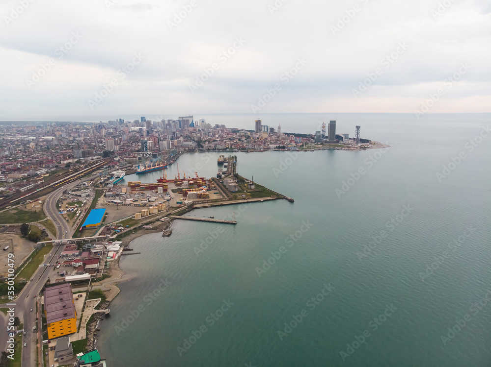 Naklejka premium Panoramic view of Batumi city, harbor and port. Adjara, Georgia. Aerial view.