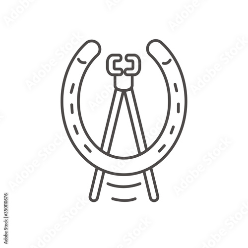 Horseshoe icon and nail pulling tool of blacksmith. Logo, farrier business. Equestrian sport. Vector flat outline. Vintage line art illustration.