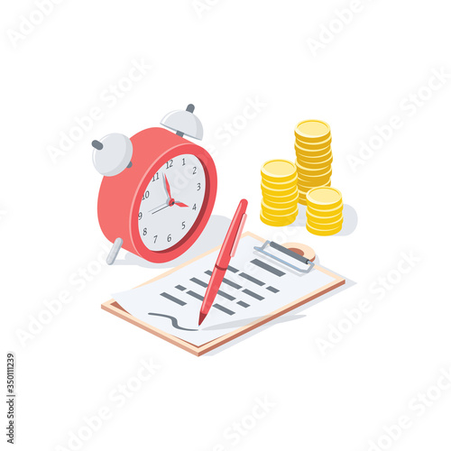 Time clock money coins document pen signature. Vector 3d isometric, color web icon, new flat style. Creative illustration design, isolated graphic idea for infographics.