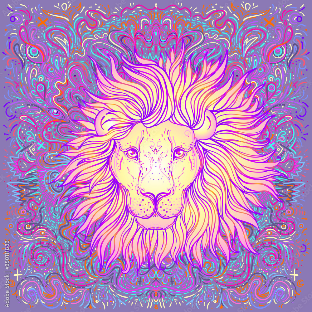 Patterned ornate lion head. African, Indian, totem, tattoo, sticker design. Design of t-shirt, bag, postcard and posters. Vector isolated illustration in bright neon colors. Zodiac sign Leo. Patterned ornate lion head. African, Indian, totem, tattoo, sticker design. Design of t-shirt, bag, postcard and posters. Vector isolated illustration in bright neon colors. Zodiac sign Leo.