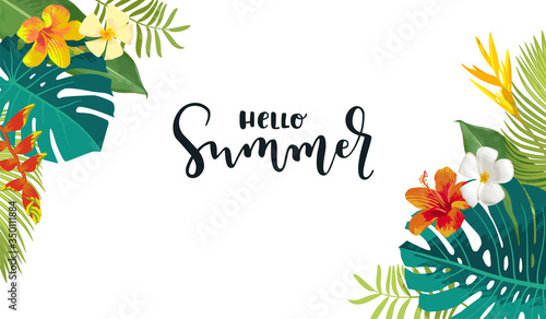 Hello Summer calligraphy card. Horizontal summertime banner, poster with exotic tropical leaves, flowers. Bright jungle background. Vivid colors. Hawaiian beach party backdrop