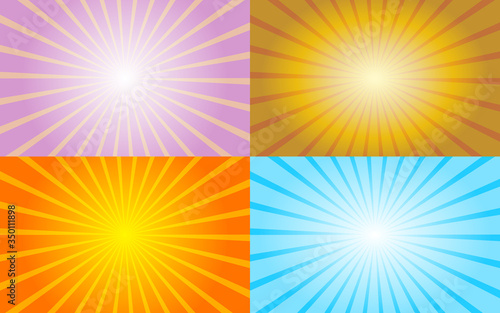 Color rays pattern background collection. Sunburst vector. Set of shiny backdrops with radial effects in purple, gold, orange and blue colors. Comics, pop art style. Backgrounds are on separate layers