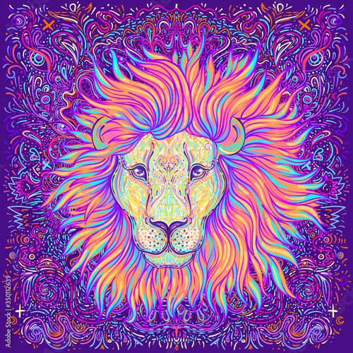 Patterned ornate lion head. African, Indian, totem, tattoo, sticker design. Design of t-shirt, bag, postcard and posters. Vector isolated illustration in bright neon colors. Zodiac sign Leo.