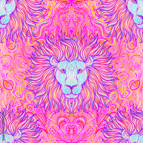 Ornate seamless pattern with lion head. African, Indian, totem, tattoo, sticker design. Design of t-shirt, bag, postcard and posters. Vector isolated illustration in bright neon colors. Zodiac sign