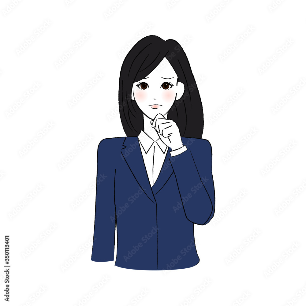 困り顔であごに手をあてる制服を着た女性 困り顔であごに手をあてる制服を着た女性