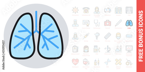 Human lungs icon. Simple color version. Free bonus icons kit included