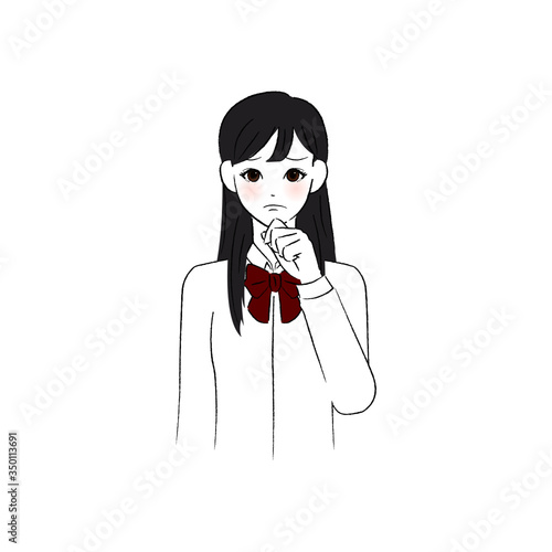 困り顔であごに手をあてる女子学生