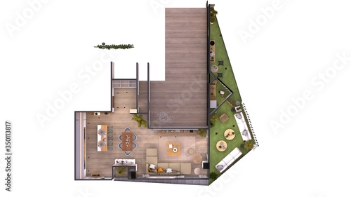 Schilderij op canvas PROYECTO 3D PLANO CASA . RENDER 3D