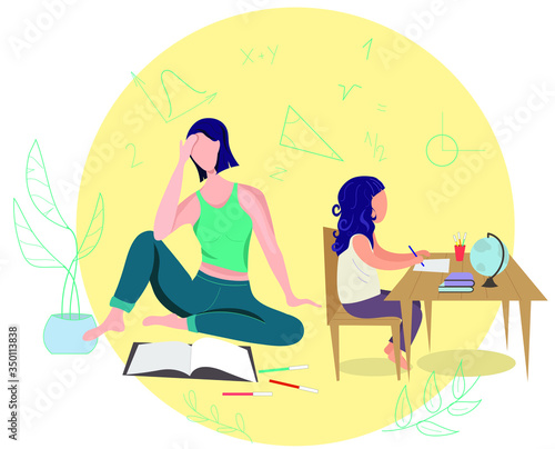 Mother and daughter. Training at home. Lessons