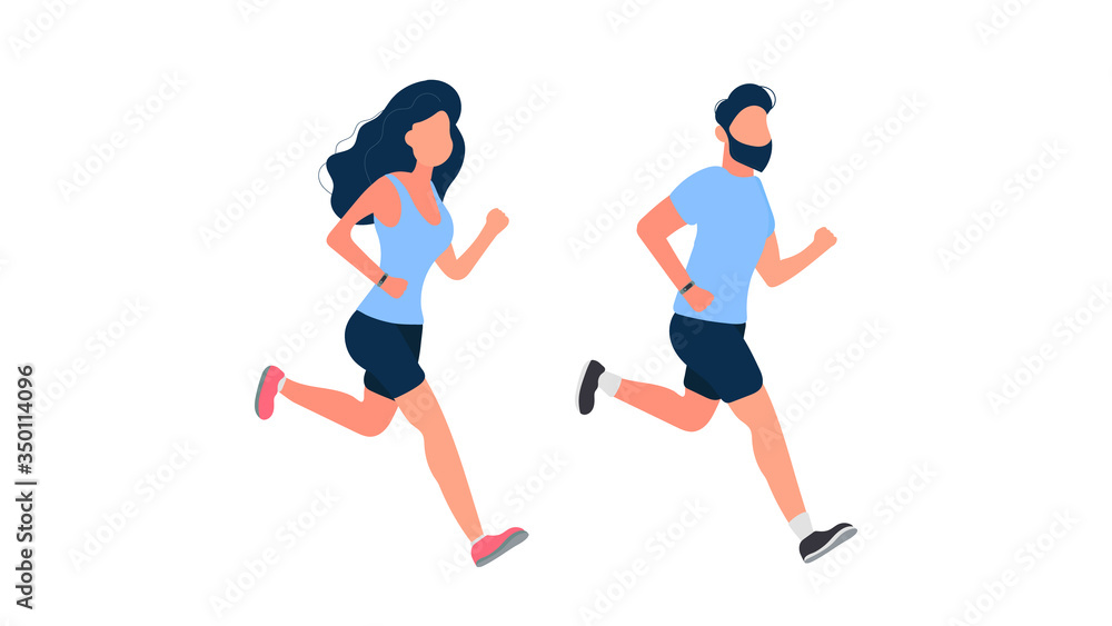 Set of running people. The guy and the girl are running. Isolated. Vector.